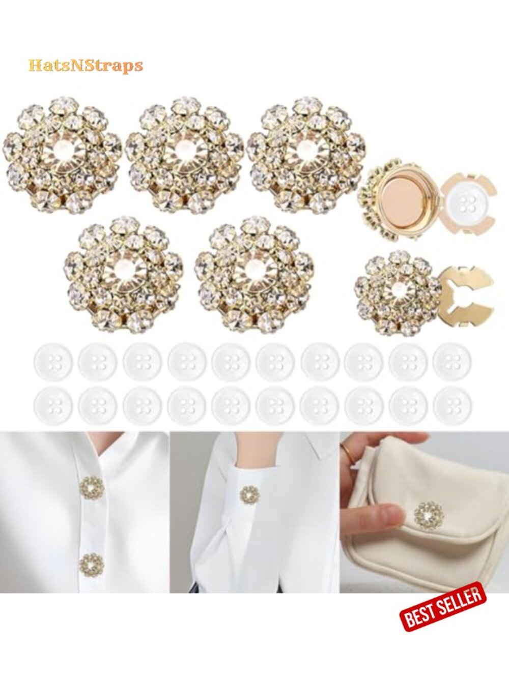 Rhinestone Button Covers for Women - 25 Piece Set, Brass Shank, No Sew